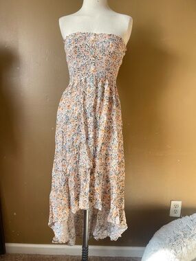 Altar'd State Peach Floral Strapless Smocked High-Low Dress